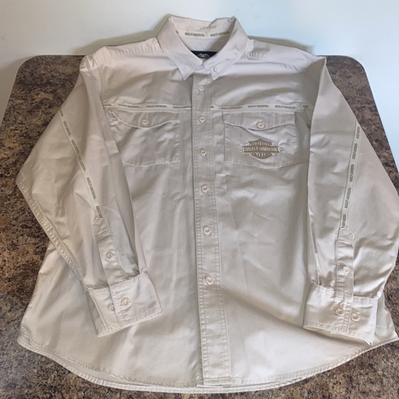 Harley Davidson Motorcycle Khaki Embroidered Long Sleeve Button Down Men Shirt M - Picture 8 of 15